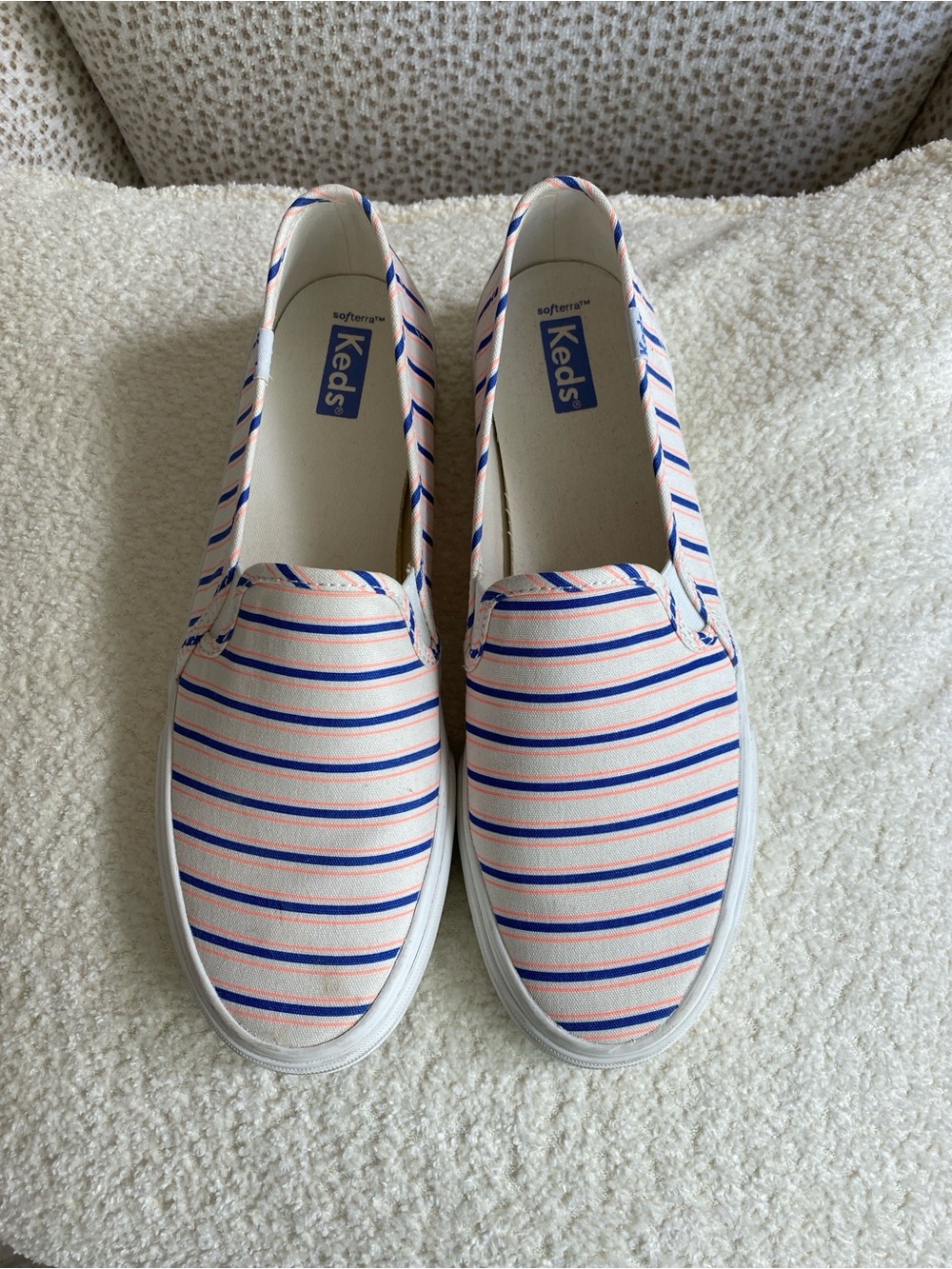 Keds Canvas Double Decker Slip-Ons in White with Blue & Pink Stripes